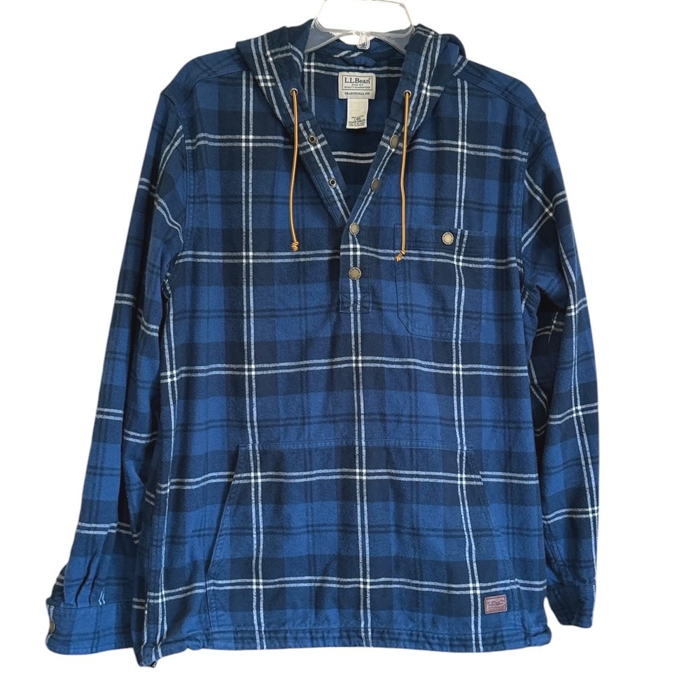 LL Bean Mens Blue Plaid Flannel Hoodie Pullover Snap Neck Traditional Fit L-REG